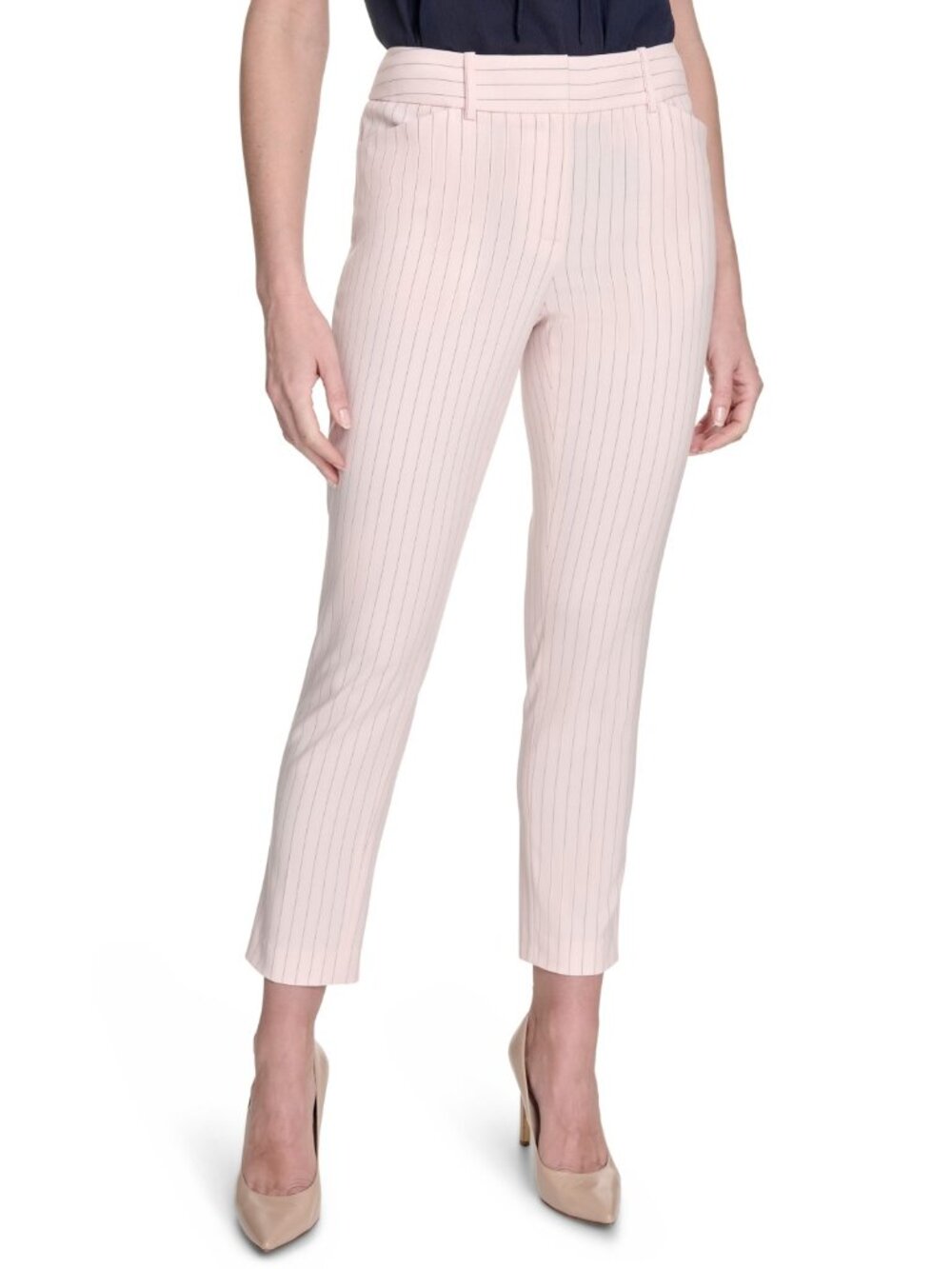 Tommy Hilfiger Women's 16 Pinstripe Mid Rise Slim-Leg Pants - Powder/ Midnight